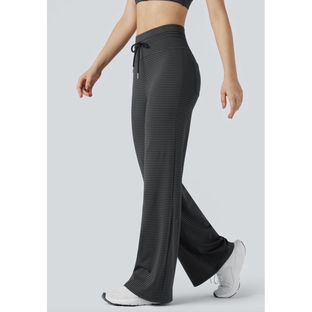 Halara High Waisted Drawstring Stripe Flare Yoga Pants w/ Pockets Steel Gray